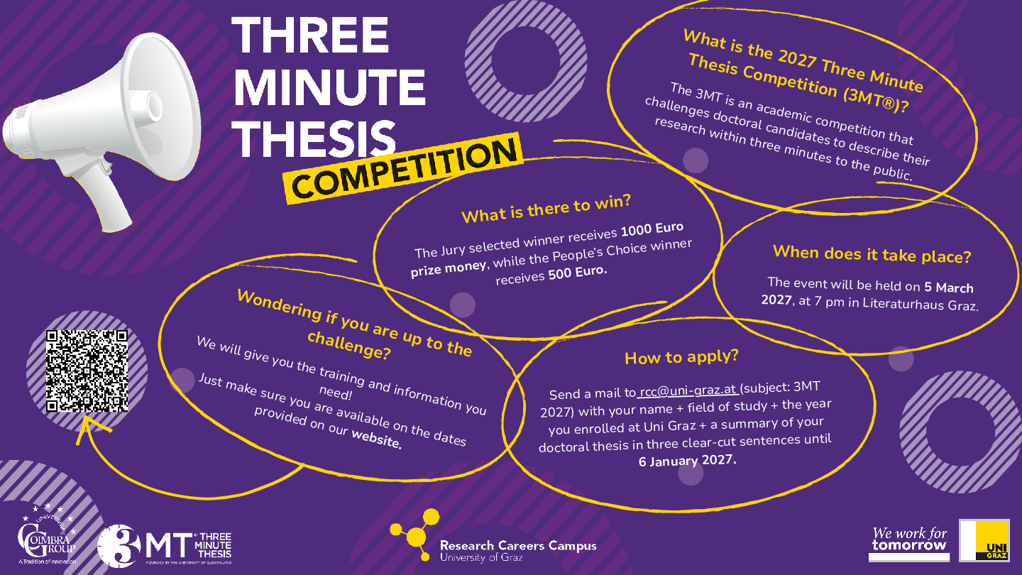 A powerpoint presentation detailing info about 3MT 2027. Details also written out below picture. ©Raphaela Hemet, University of Graz 