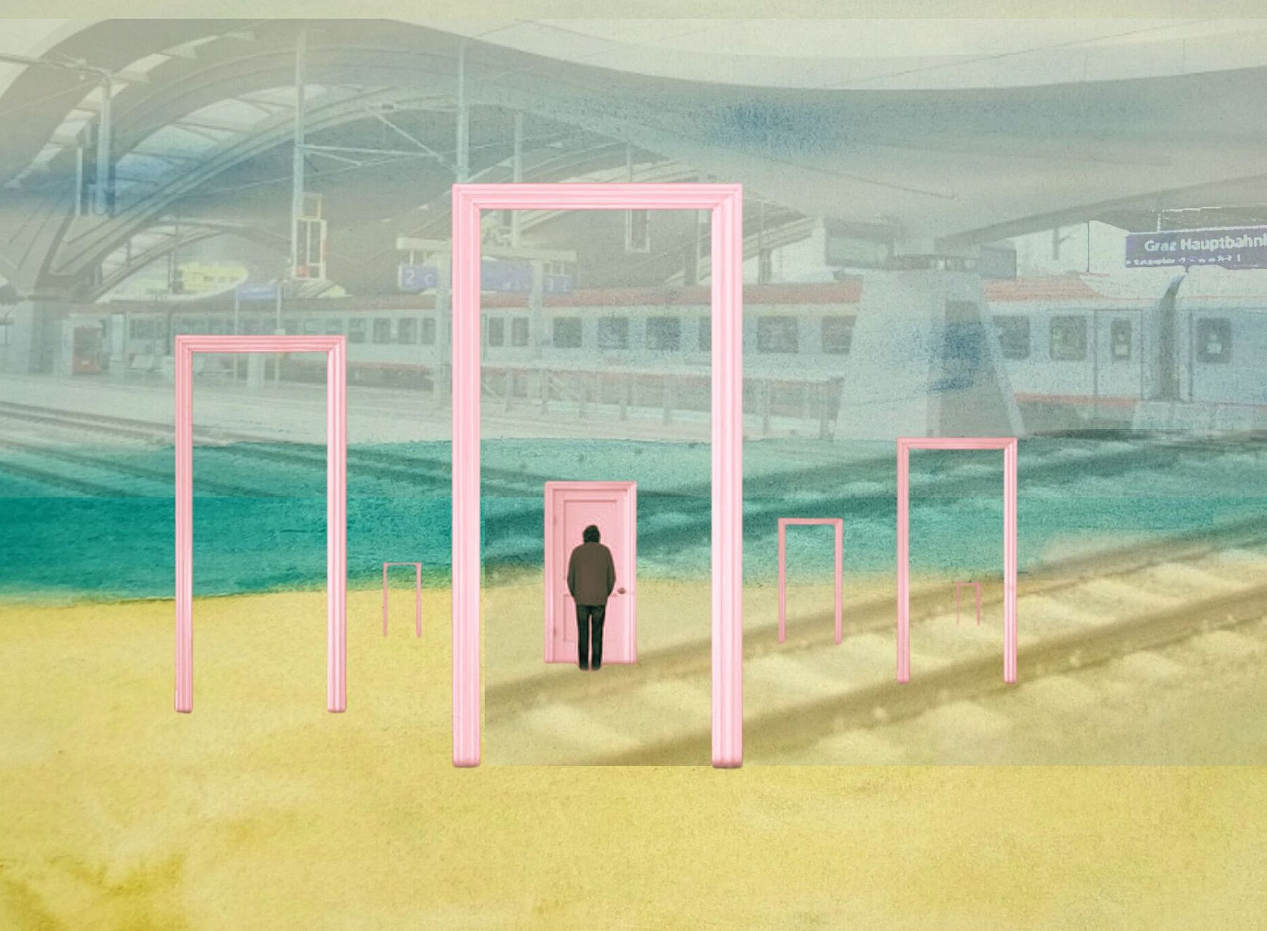 A surreal scene of a train station where several pink doorframes stand in a sandy, sea-colored landscape, with one person facing a closed pink door. ©@ Carolyn Defrin