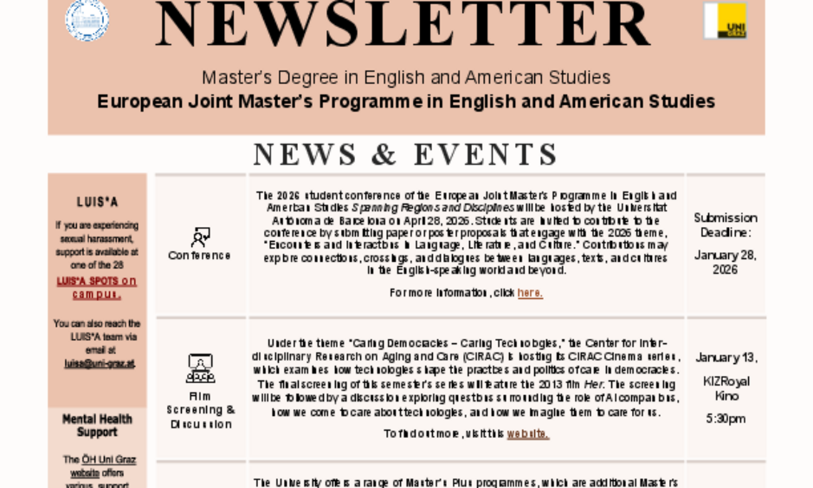 monthly newsletter of the european joint masters programme in english and american studies january 2026