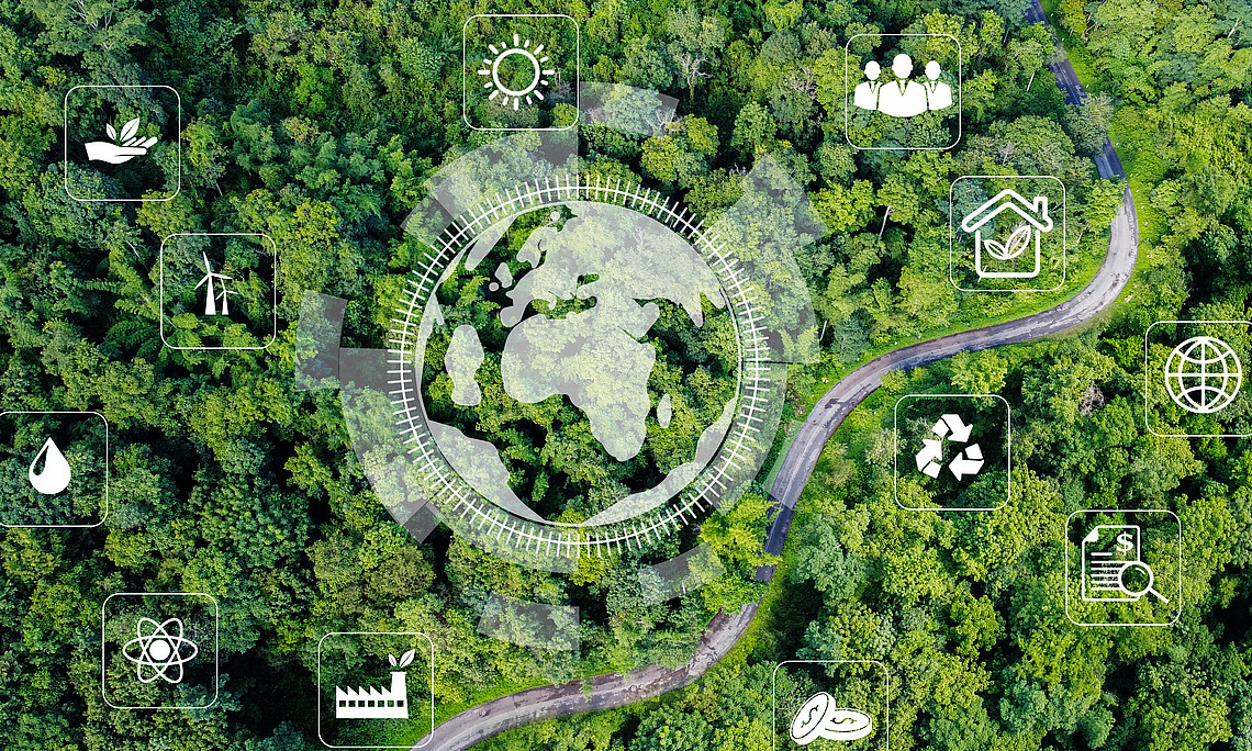 View from above of a forest with symbols symbolising environmental technology and sustainable ESG