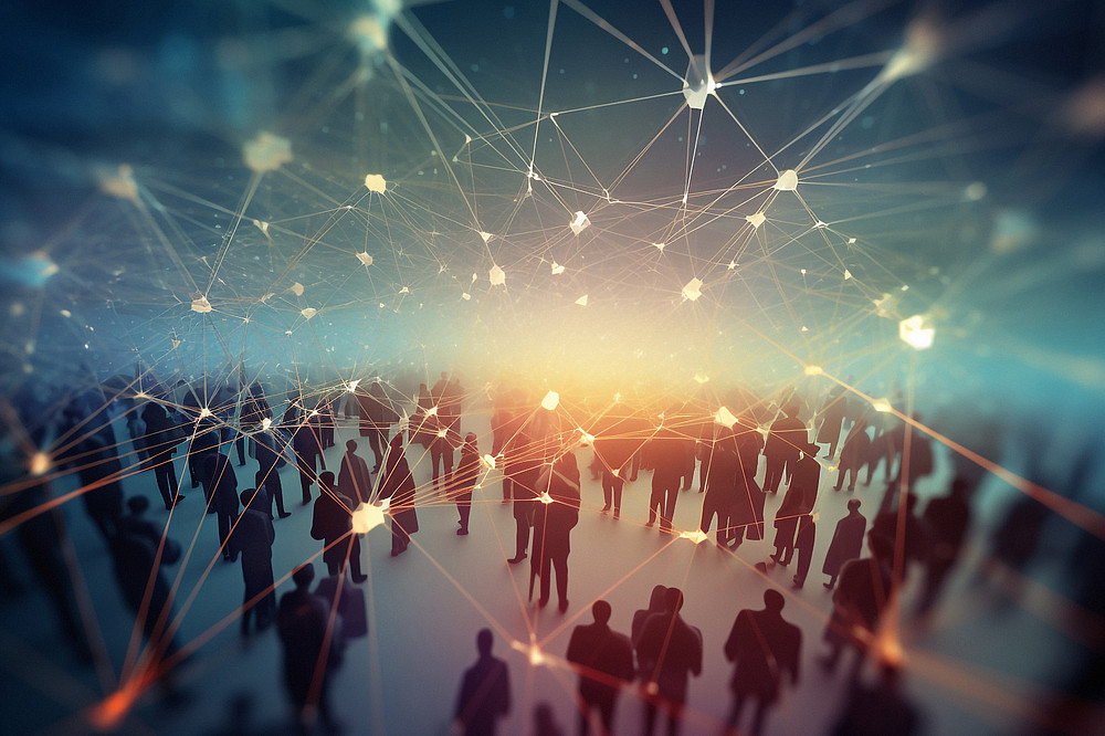 Smart city, line and communication pattern design for networking, connection and society for group of people. Closeup, ai generated and social gathering with graphic visual grid for global system Menschenmenge mit einem Netz oberhalb