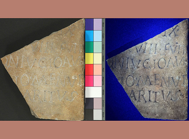 Fragment einer römischen Inschrift, links normal, rechts unter Fluoreszenz ©Uni Graz/Diez