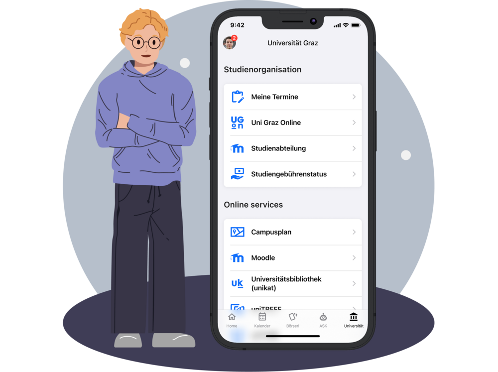 Illustration: Franz schaut ganz zufrieden mit der Auswahl an Links in der übergroßen App neben ihm. 