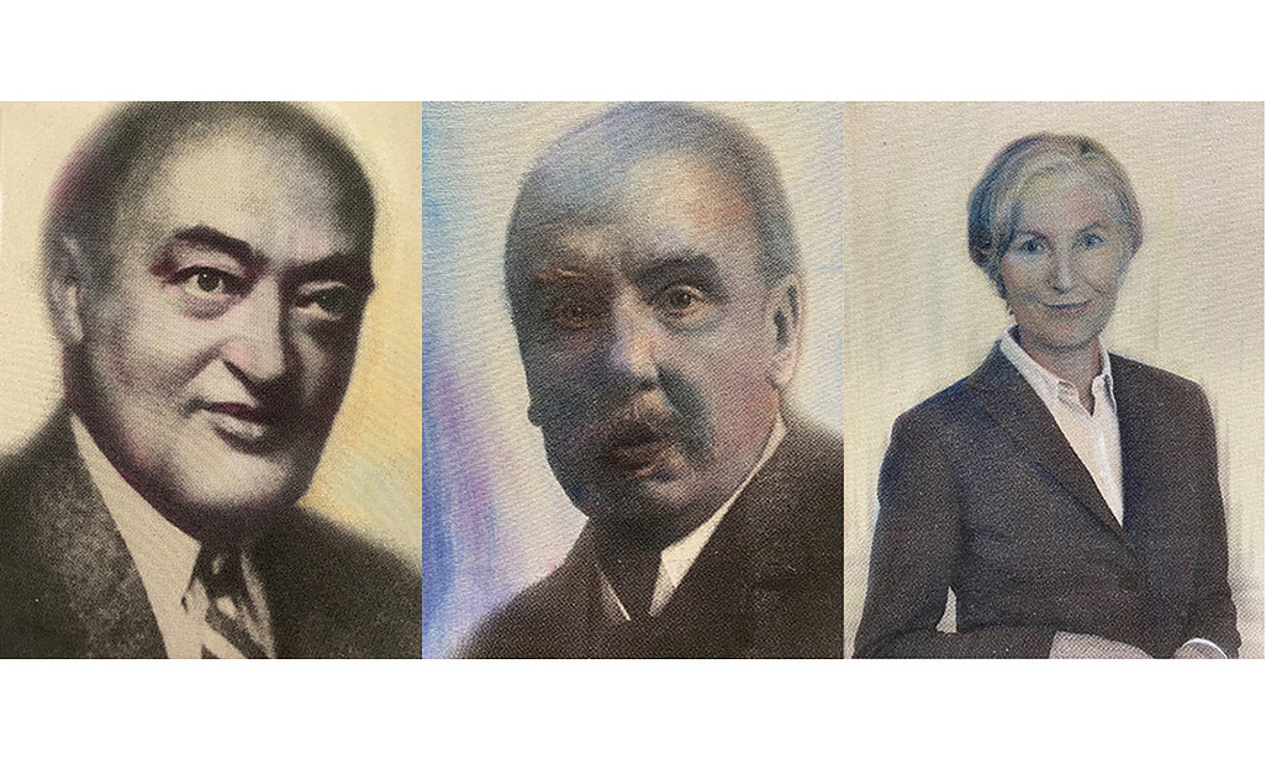 Joseph Schumpeter, Hans Gross und Irmgard Griss (v.l.), wie sie von den Künstlerinnen Veronika Sengstbratl, Nina Kern und Ophelia Reuter portraitiert wurden.