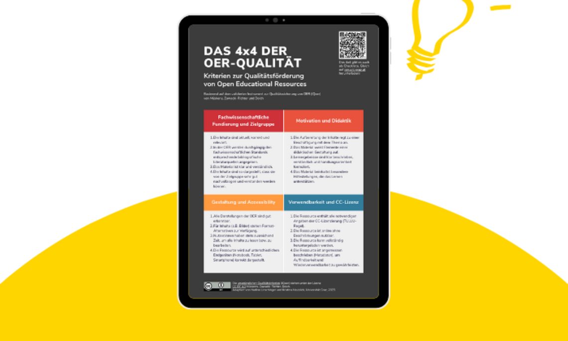 Zierbild mit Tablet, auf dem das 4x4 der OER-Qualität zu sehen ist