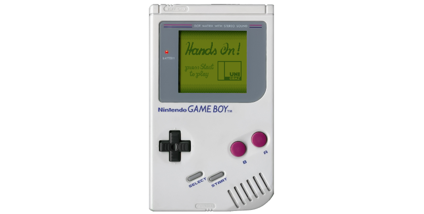 An image of a Game Boy running a game with the title "Hands-On", below is the text "press Start to play" and the logo of the University of Graz 