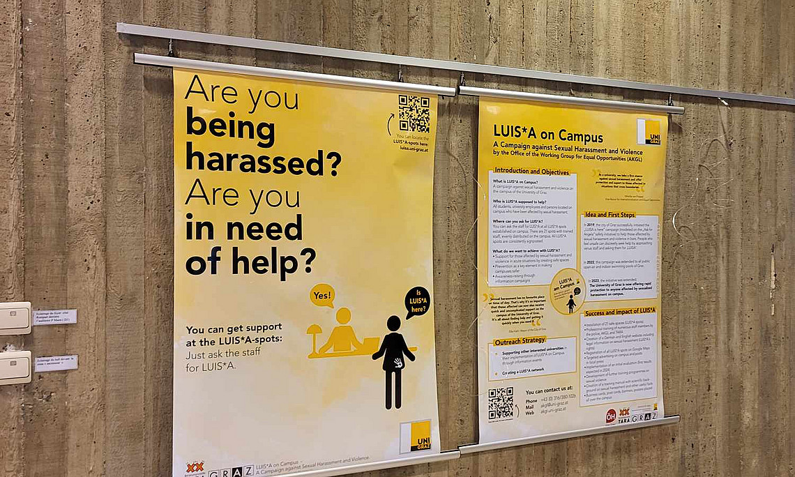 Zwei große Poster hängen an einer braunen Wand, das linke Poster stellt das LUIS*A-Sujet auf Englisch dar, während das rechte Poster auf LUIS*A am Campus als Projekt eingeht