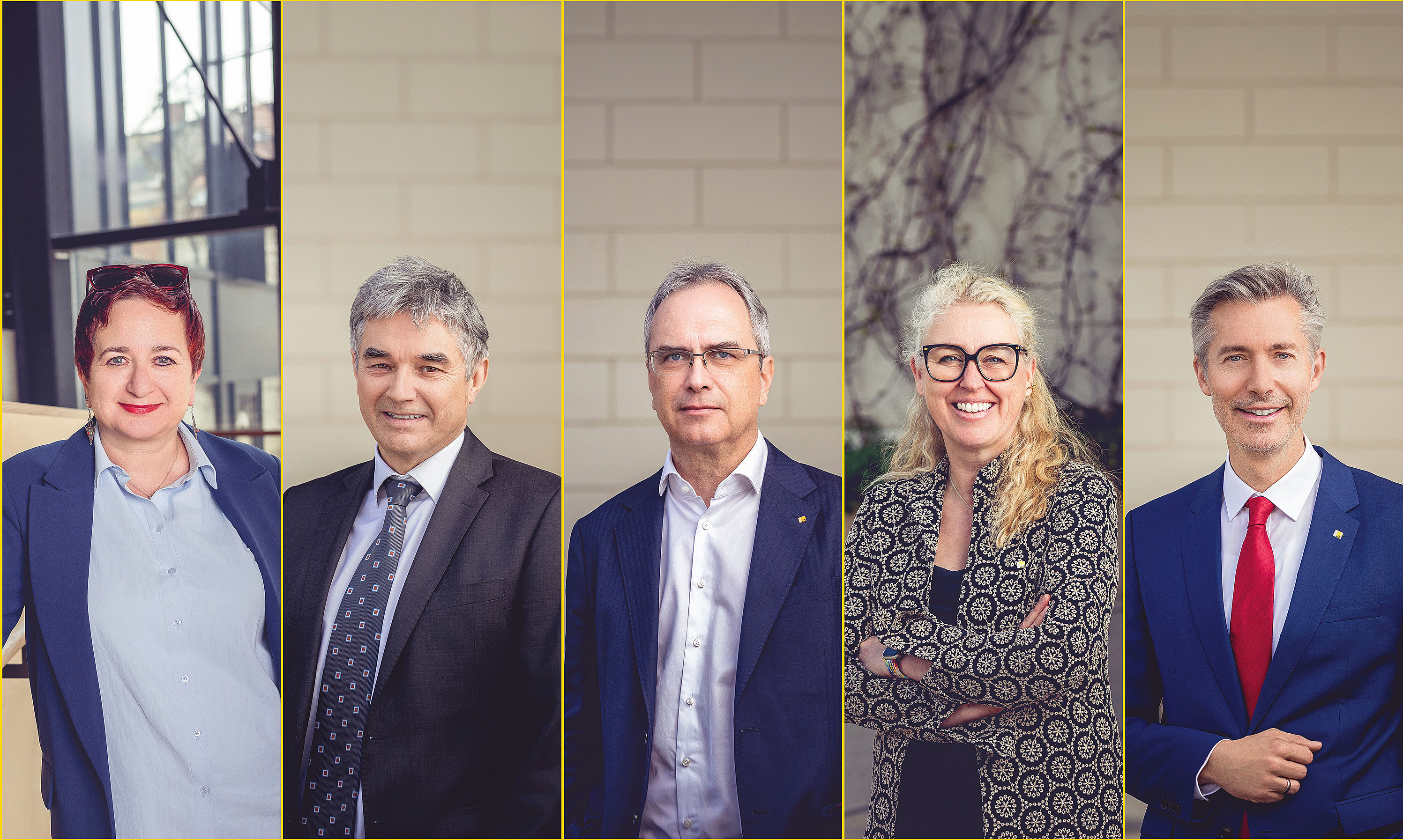 Collage of the members of the Rectorate: Şebnem Bahadır-Berzig, Joachim Reidl, Peter Riedler, Catherine Walter-Laager, Markus Fallenböck ©Uni Graz/Winter-Reiter; mit KI erweitert