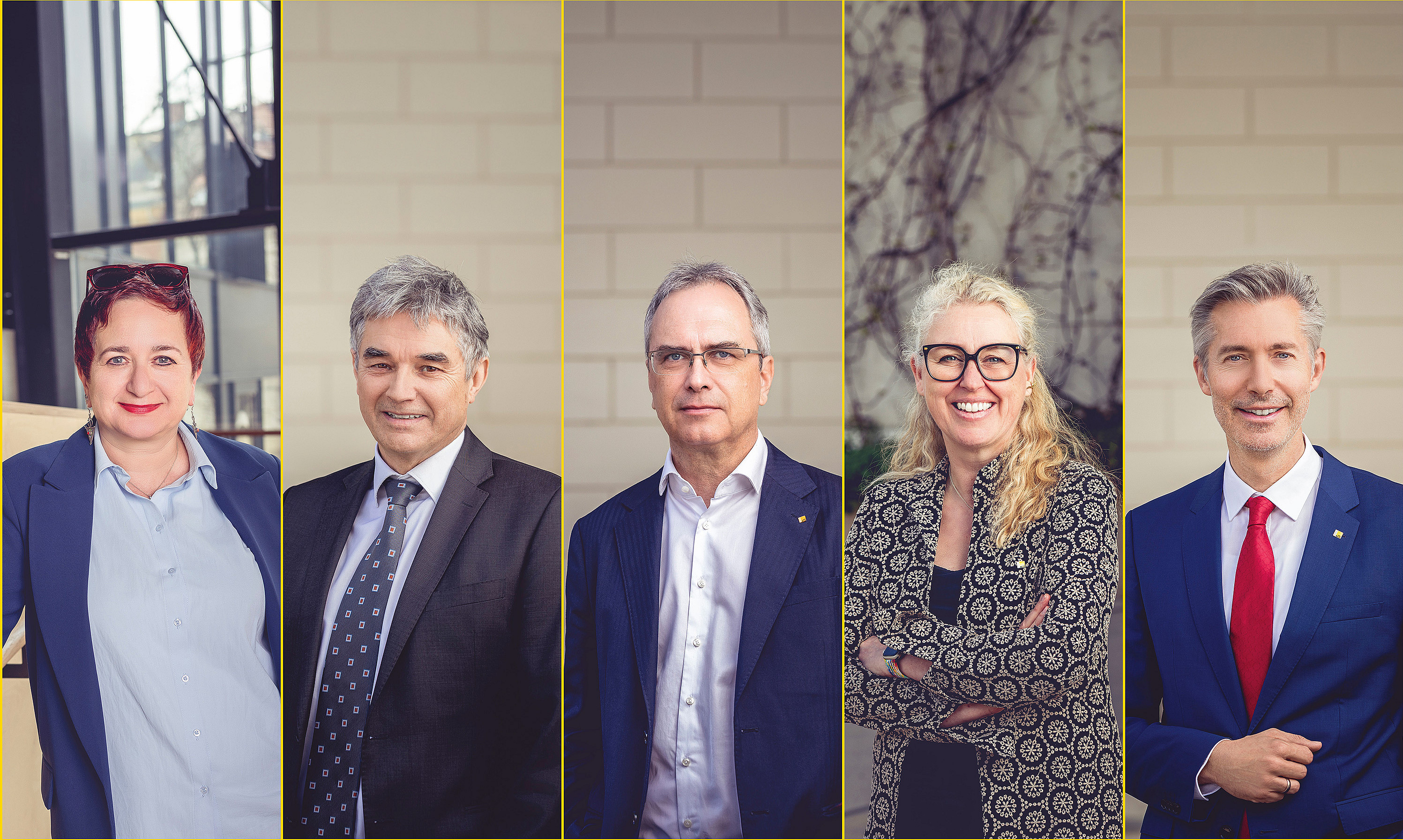 Collage der Rektoratsmitglieder Şebnem Bahadır-Berzig, Joachim Reidl, Peter Riedler, Catherine Walter-Laager, Markus Fallenböck ©Uni Graz/Winter-Reiter; mit KI erweitert