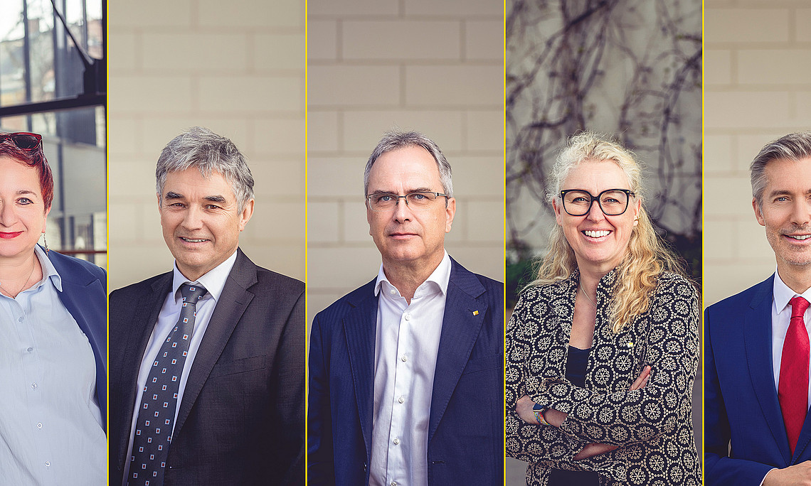 Collage of the members of the Rectorate: Şebnem Bahadır-Berzig, Joachim Reidl, Peter Riedler, Catherine Walter-Laager, Markus Fallenböck