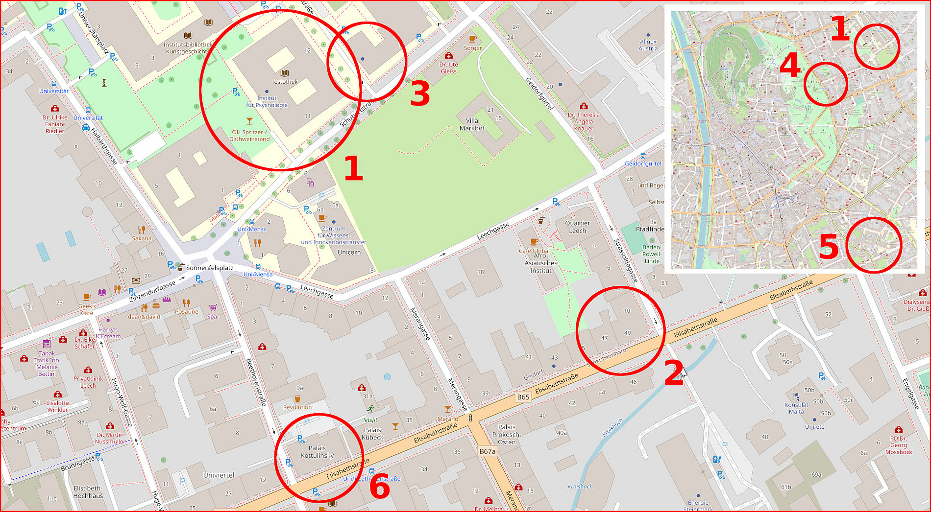 Karte der Standorte des Instituts für Psychologie ©Universität Graz / Schöngaßner