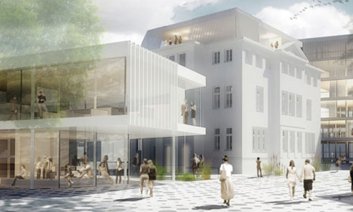 Am Standort Schubertstraße entsteht in den nächsten Jahren ein dreiteiliger Gebäudekomplex, der unter anderem die ÖH und ein Zentrum für kreative Ideen beherbergen wird. Grafik: ARGE lebidris architektur / ir architektin iris reiter