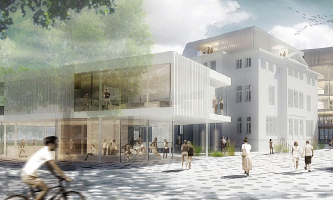 Ein neues Gebäude am Standort Schubertstraße 6a: Bis 2020 entsteht hier ein Wissens- und Innovationstransfer-Zentrum mit Raum für junge UnternehmerInnen. Die ÖH und das ÖH Servicecenter bekommen Platz im vorderen Bau. Foto: ARGE leb idris architektur + architektin iris reiter