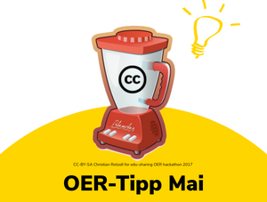 Zierbidl des CC-Mixers auf gelbem Hintergrund mit einer Glühbirne und der Aufschrift "OER-Tipp Mai" 