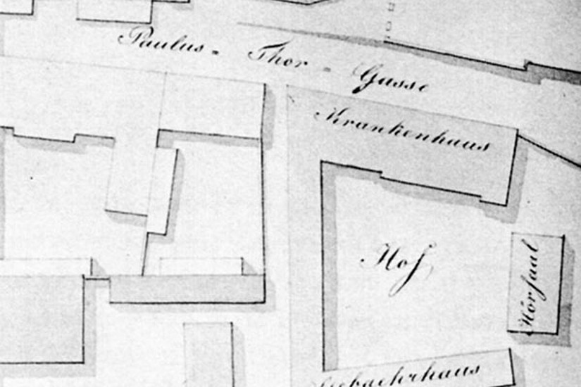 Plan des Krankenhauses am Paulustor. Bildquelle: Walter Höflechner, Geschichte der Karl-Franzens-Universität Graz, Leykam 2006, S. 25, 27