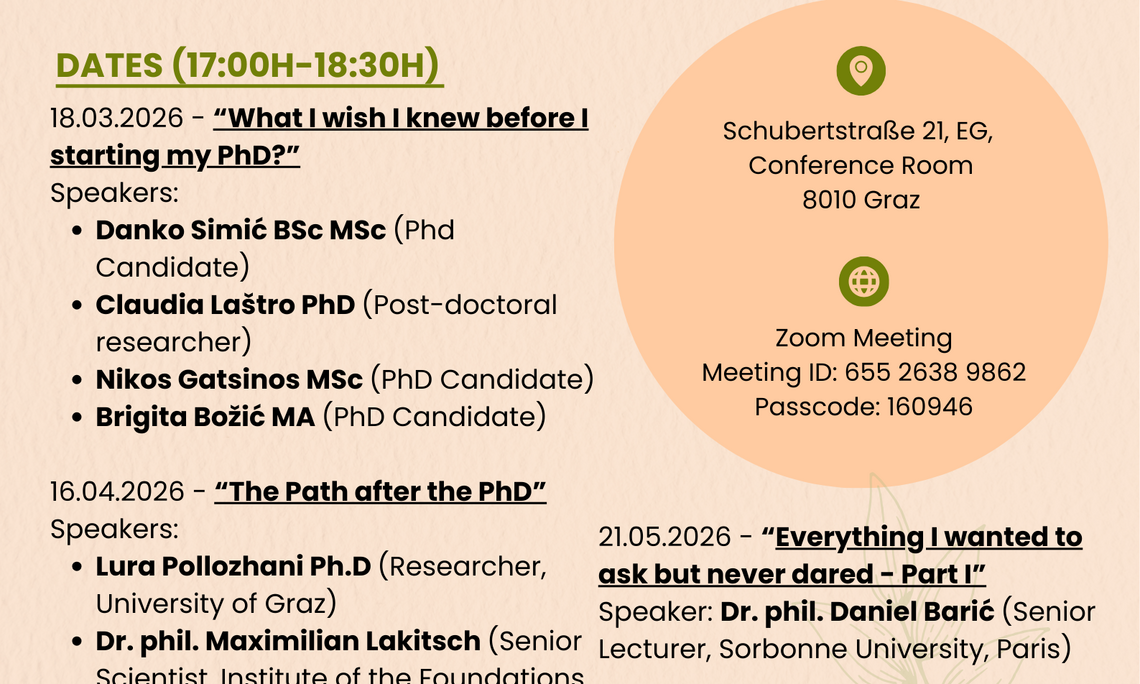 The image is a flyer for a PhD event series titled "OFF THE RECORD: A PHD EVENT SERIES". The flyer is visually organized with a beige and orange color scheme and includes both text and logos.