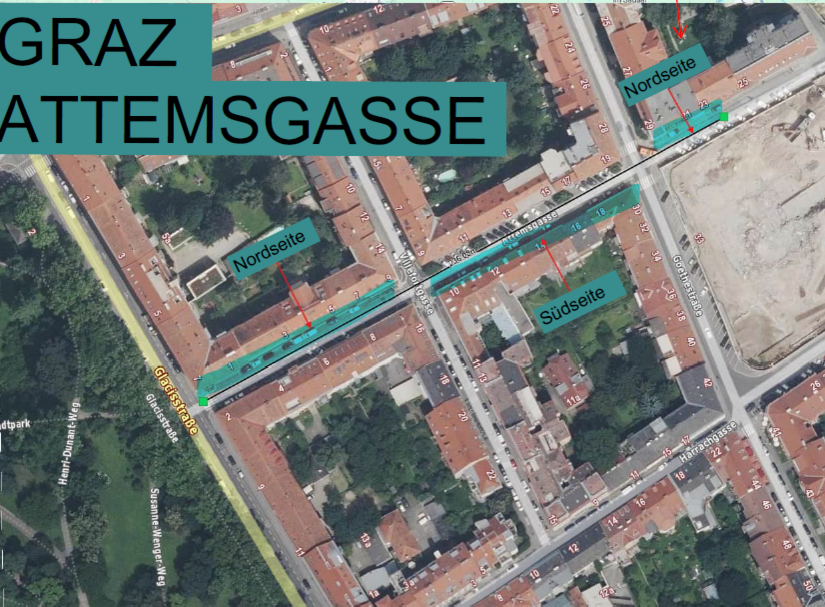 Luftbild Attemsgasse mit eingezeichneten Sperren 
