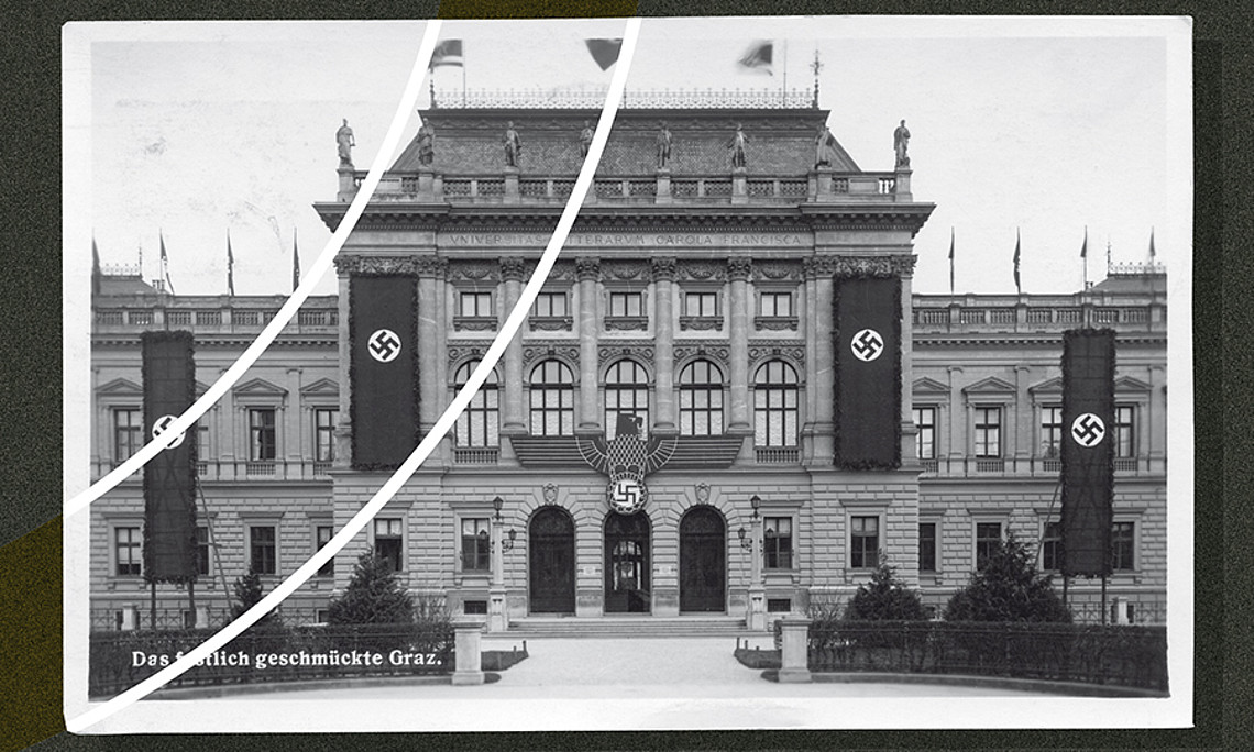 Im Frühjahr 1938 wurde das Hauptgebäude der Universität Graz mit NS-Fahnen beflaggt. Foto: Sammlung Kubinzky 