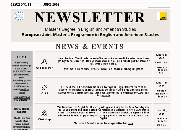 June Newsletter of the Joint Master in English and American Studies 