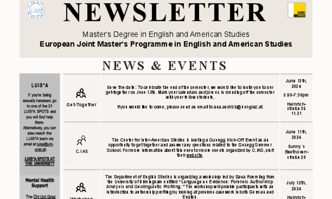 June Newsletter of the Joint Master in English and American Studies