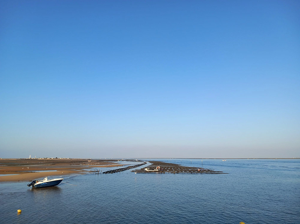 Das Foto zeigt eine ruhige Küstenlandschaft mit einem kleinen Boot, das in der Nähe eines Sandstrandes vor Anker liegt. Das Wasser erstreckt sich unter einem klaren blauen Himmel bis zum fernen Horizont, wobei eine gewundene Felsformation ins Meer hineinragt. ©Raquel Carvalheira