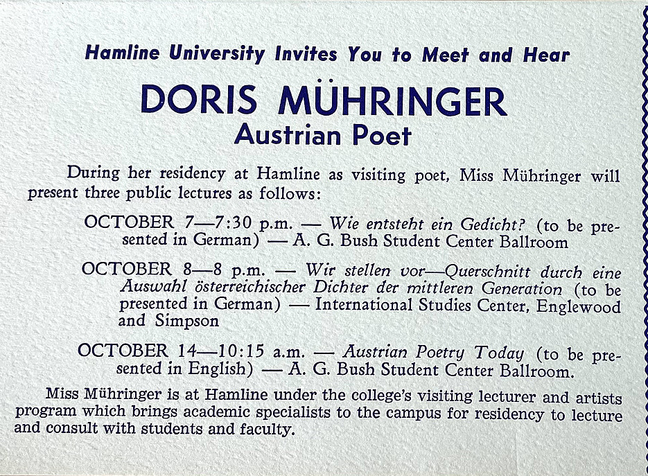 Einladung der Hamline University zu Mühringers Vorträgen 
