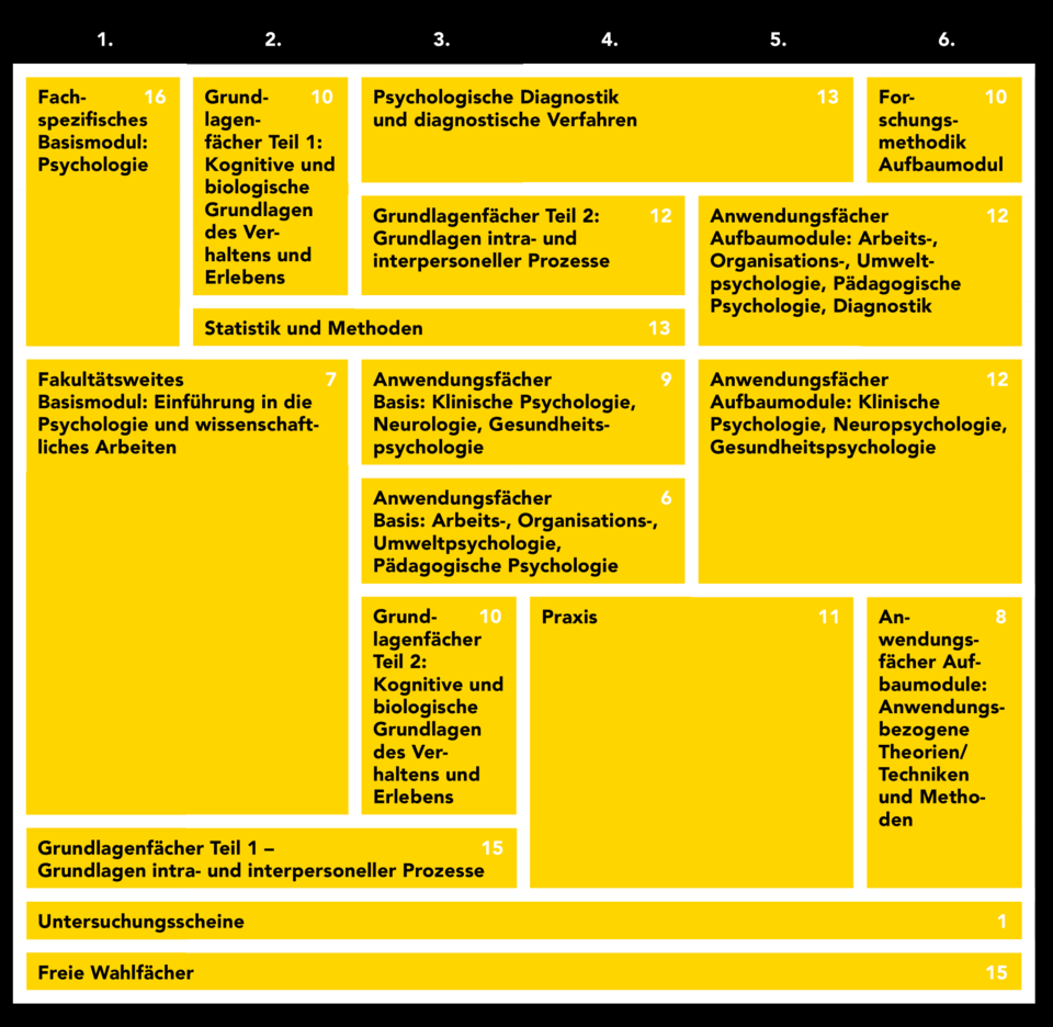 Laut Tabelle teilen sich die 180 ECTS des Bachelorstudiums Psychologie wie folgt auf: Fachspezifisches Basismodul: Psychologie (16 ECTS); Fakultätsweites Basismodul: Einführung in die Psychologie und wissenschaftliches Arbeiten (7 ECTS); Grundlagenfächer Teil 1 - Grundlagen intra- und interpersoneller Prozesse (15 ECTS); Grundlagenfächer Teil 1: Kognitive und biologische Grundlagen des Verhaltens und Erlebens (10 ECTS); Statistik und Methoden (13 ECTS); Psychologische Diagnostik und diagnostische Verfahren (13 ECTS); Grundlagenfächer Teil 2: Grundlagen intra- und interpersoneller Prozesse (12 ECTS); Anwendungsfächer Basis: Klinische Psychologie, Neurologie, Gesundheitspsychologie (9 ECTS); Anwendungsfächer Basis: Arbeits-, Organisations-, Umweltpsychologie, Pädagogische Psychologie (6 ECTS); Grundlagenfächer Teil 2: Kognitive und biologische Grundlagen des Verhaltens und Erlebens (10 ECTS); Praxis (11 ECTS); Anwendungsfächer Aufbaumodule: Arbeits-, Organisations-, Umweltpsychologie, Pädagogische Psychologie, Diagnostik (12 ECTS); Anwendungsfächer Aufbaumodule: Klinische Psychologie, Neuropsychologie, Gesundheitspsychologie (12 ECTS); Forschungsmethodik Aufbaumodul (10 ECTS); Anwendungsfächer Aufbaumodule: Anwendungsbezogene Theorien/Techniken und Methoden (8 ECTS); Untersuchungsscheine (1 ECTS), Freie Wahlfächer (15 ECTS).