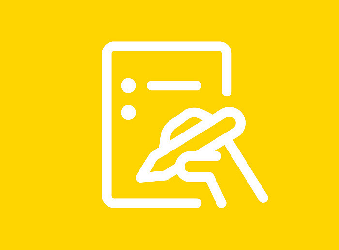 Weißes Symbol mit einer Hand, die etwas notiert vor gelbem Hintergrund ©Uni Graz