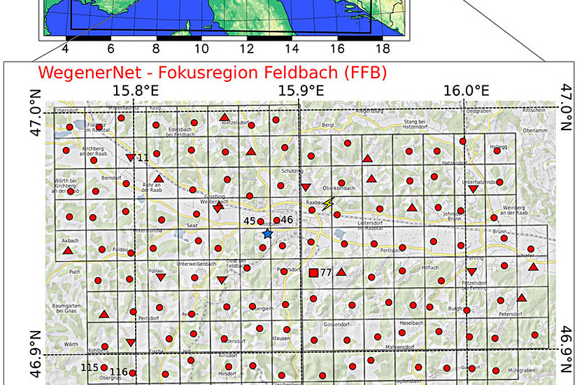 Das WegenerNet in der Feldbachregion/Südoststeiermark ist ein dichtes Netz von mehr als 150 Stationen für die Wetter- und Klimaforschung. Grafik: Wegener Center 2014