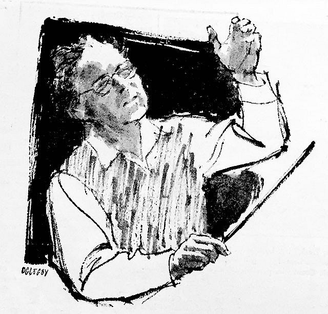 Schwarzweiß Zeichnung eines Dirigenten mit Taktstock und einem erhobenem Arm ©Creative Commons