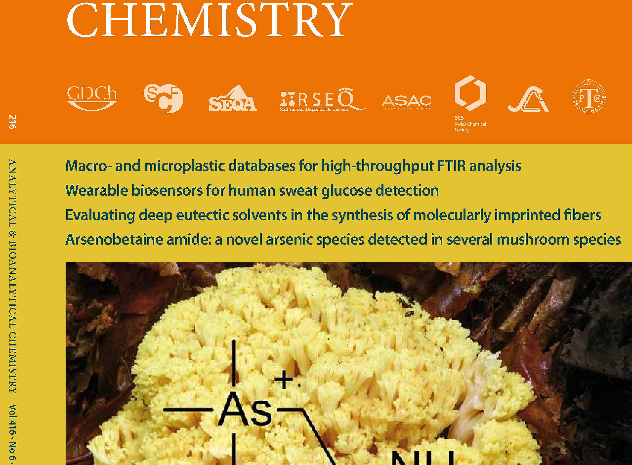 Cover image: Ramaria sanguinea is a rare ectomycorrhizal mushroom species typically growing under beech (Fagus) on both acid and calcareous soils. Moreover, it shows a high variability in its arsenic speciation and contains ~10 % of the newly discovered arsenic compound arsenobetaine amide. Photo courtesy of Jan Borovička. (From: Walenta, M., Raab, A., Braeuer, S. et al. Arsenobetaine amide: a novel arsenic species detected in several mushroom species. Anal Bioanal Chem (2024). 