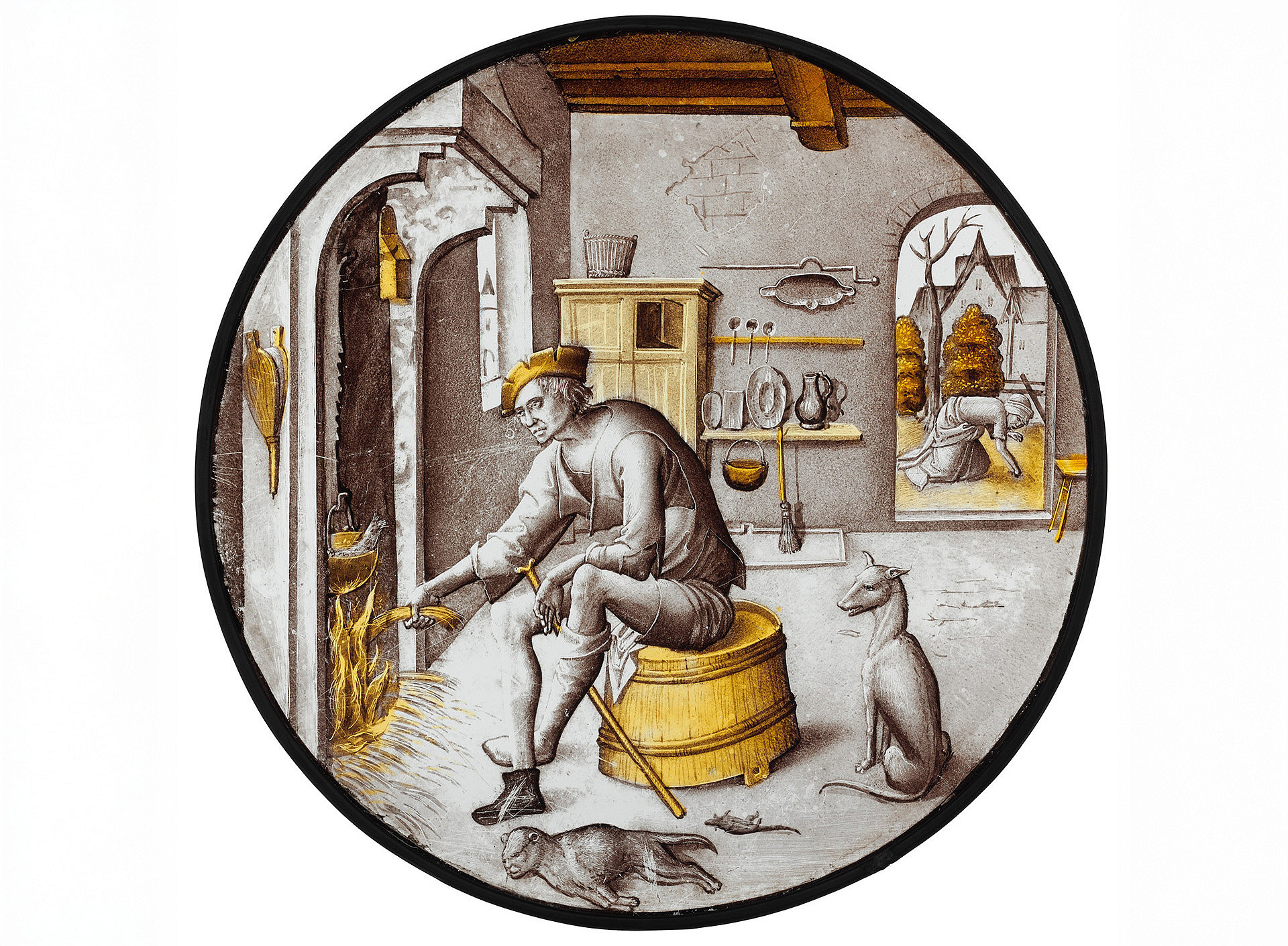 Medieval depiction of a poor man sitting in tattered clothes on an upturned tub, putting straw into a fire in the fireplace. A cooking pot with a fish hangs over the fire. ©Sorgheloos („Carefree“) in Poverty – Metropolitan Museum of Art, New York, NY; The Cloisters (Sammlung), https://creativecommons