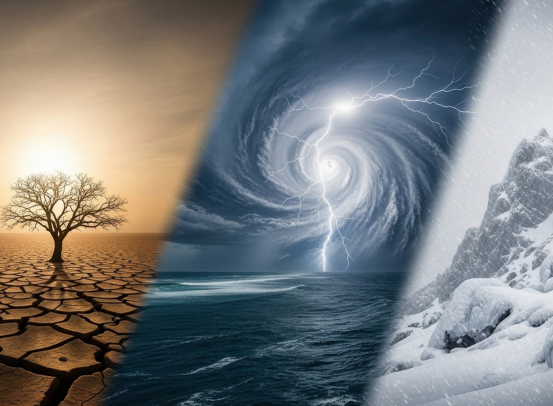 Bild zusammengesetzt aus drei Teilen: ein vertrockneter Baum auf rissiger Erde, ein Sturmwolkenwirbel über dem Meer, tief verschneite Berge ©marfuah - stock.adobe.com