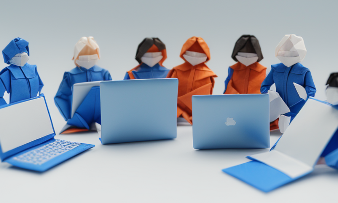 Origami-Figuren vor Laptops