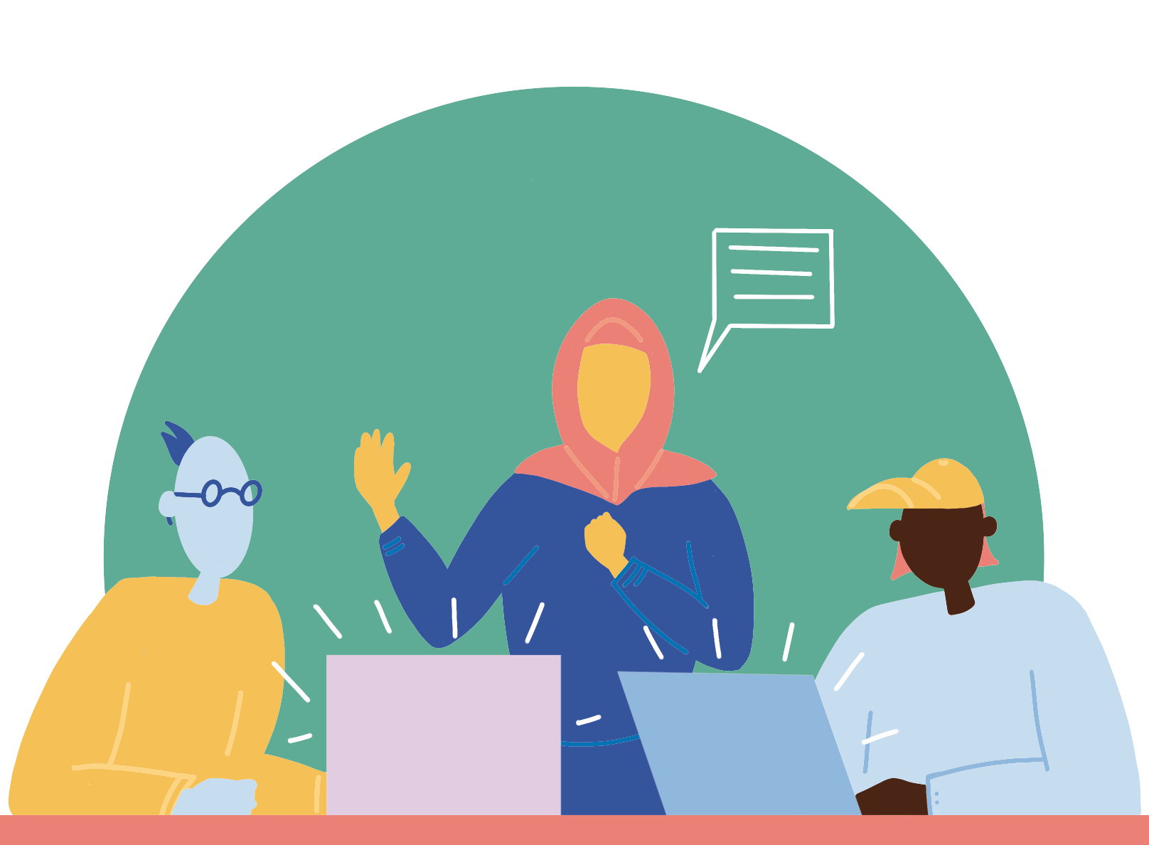 Illustration von drei Personen, die vor zwei Computern sitzen, die Person in der Mitte spricht gerade ©Julia Stubenböck - Out of Habit Design