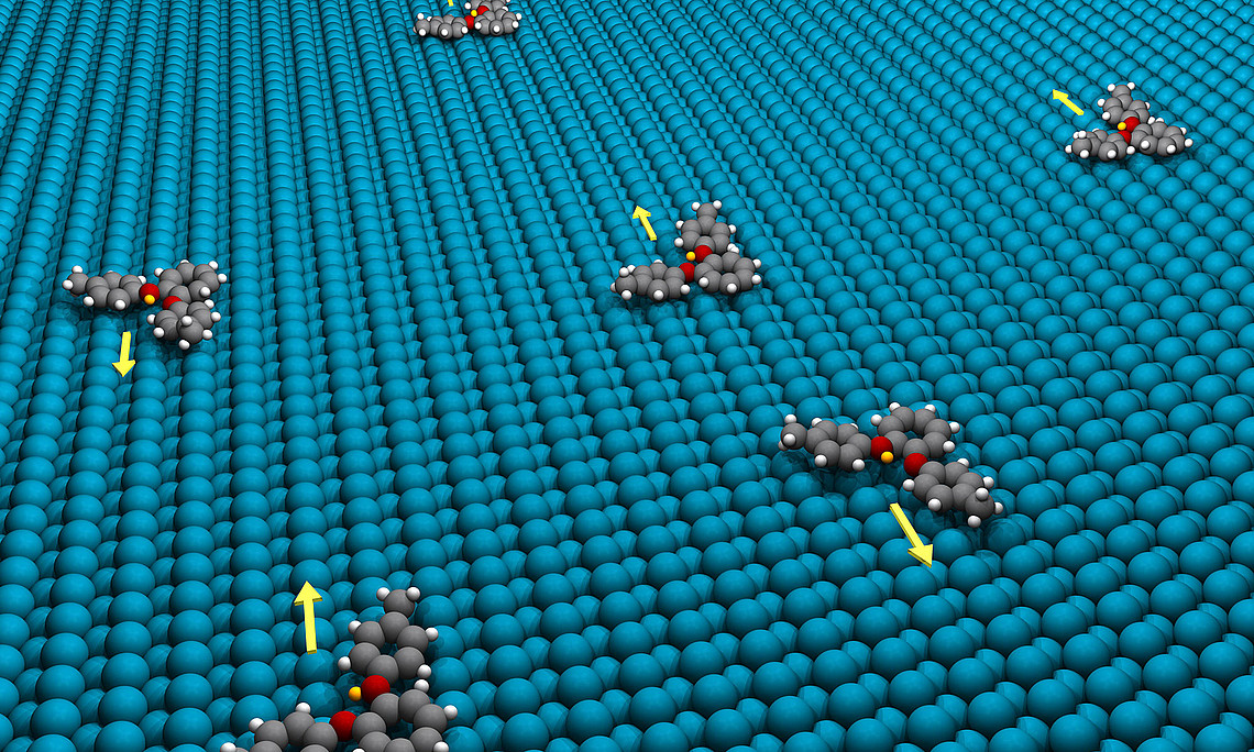 Graphic of molecular motors moving in a prescribed direction on a nanosurface.