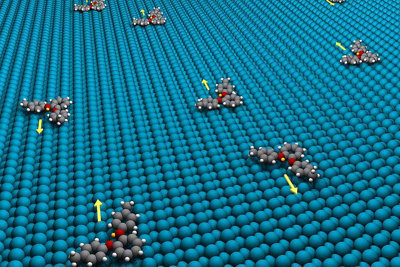 Grafik von molekularen Motoren, die sich auf einer Nano-Oberfläche in eine vorgeschriebene Richtung bewegen