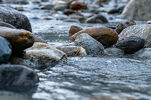 running water in a stream bed with large, rounded stones