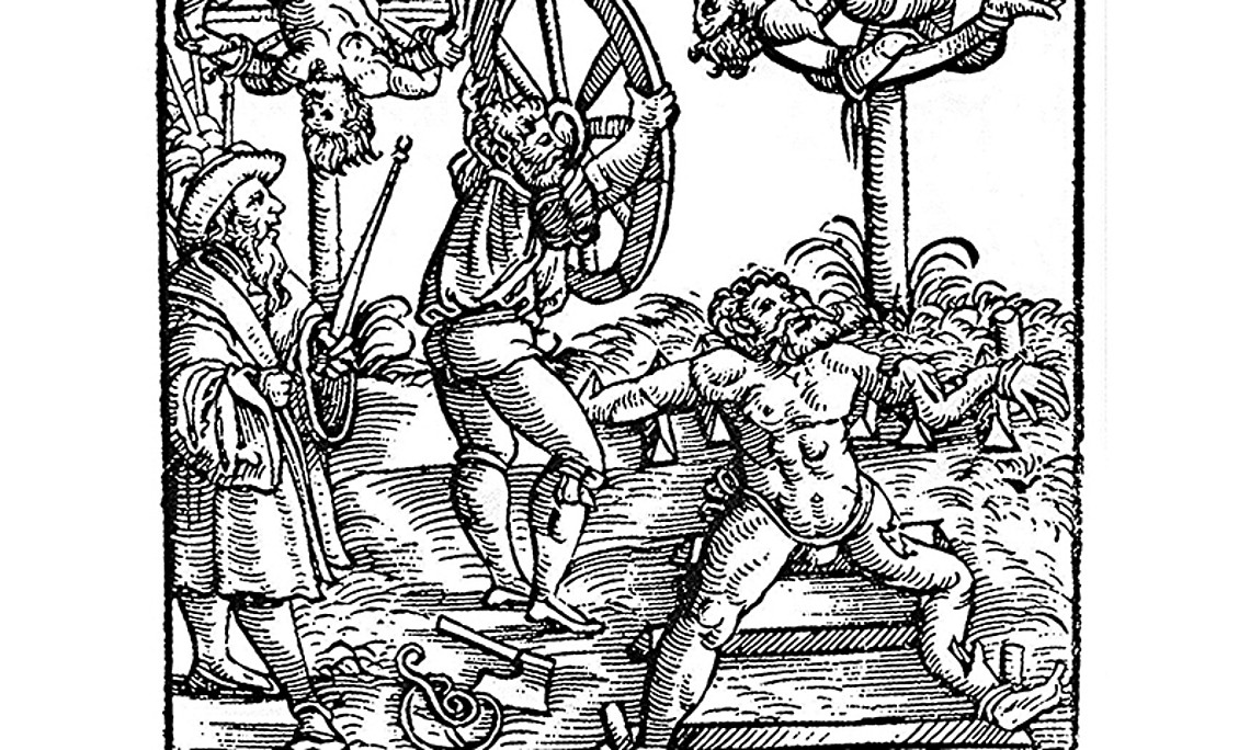 Der Holzschnitt aus der Schweizer Chronik des Johann Stumpf, Ausgabe Augsburg 1586, zeigt die Hinrichtung durch Rädern. Quelle: https://commons.wikimedia.org/wiki/File:Klassisches_Radern.png