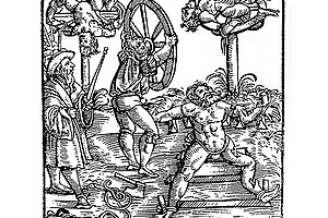Der Holzschnitt aus der Schweizer Chronik des Johann Stumpf, Ausgabe Augsburg 1586, zeigt die Hinrichtung durch Rädern. Quelle: https://commons.wikimedia.org/wiki/File:Klassisches_Radern.png