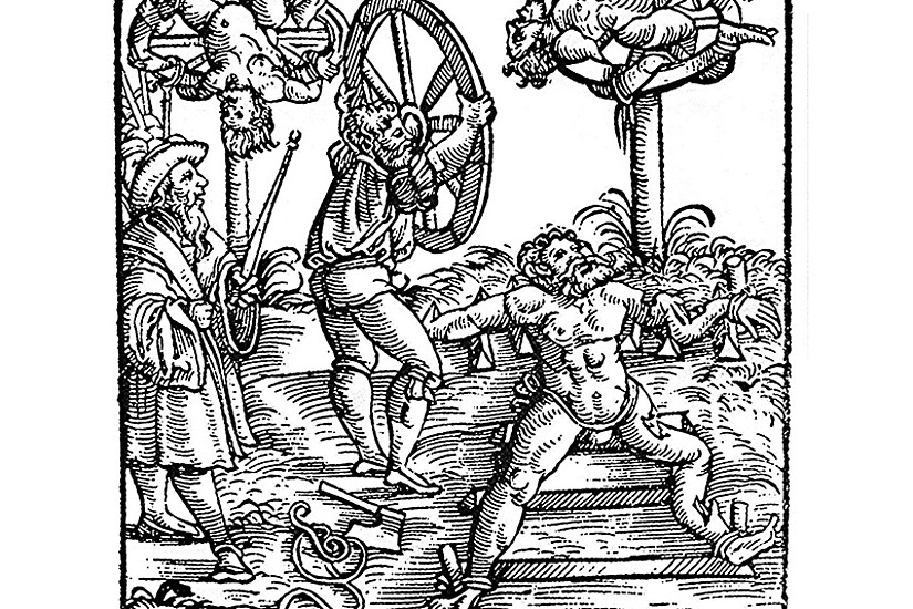 Der Holzschnitt aus der Schweizer Chronik des Johann Stumpf, Ausgabe Augsburg 1586, zeigt die Hinrichtung durch Rädern. Quelle: https://commons.wikimedia.org/wiki/File:Klassisches_Radern.png