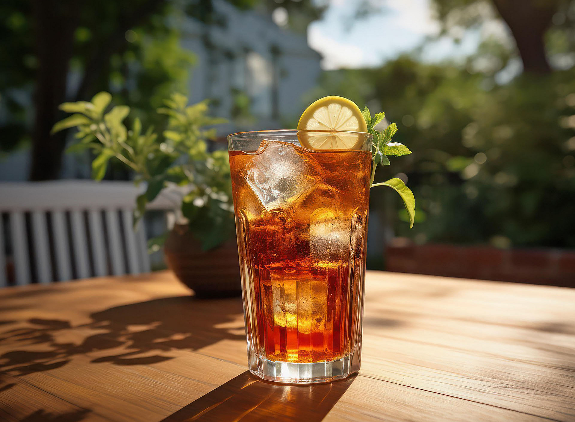 Ein Glas, gefüllt mit Eistee und Eiswürfeln, steht auf einem Holztisch. Im verschwommenen Hintergrund steht eine Tischpflanze und ein weißer Stuhl. ©Pixabay