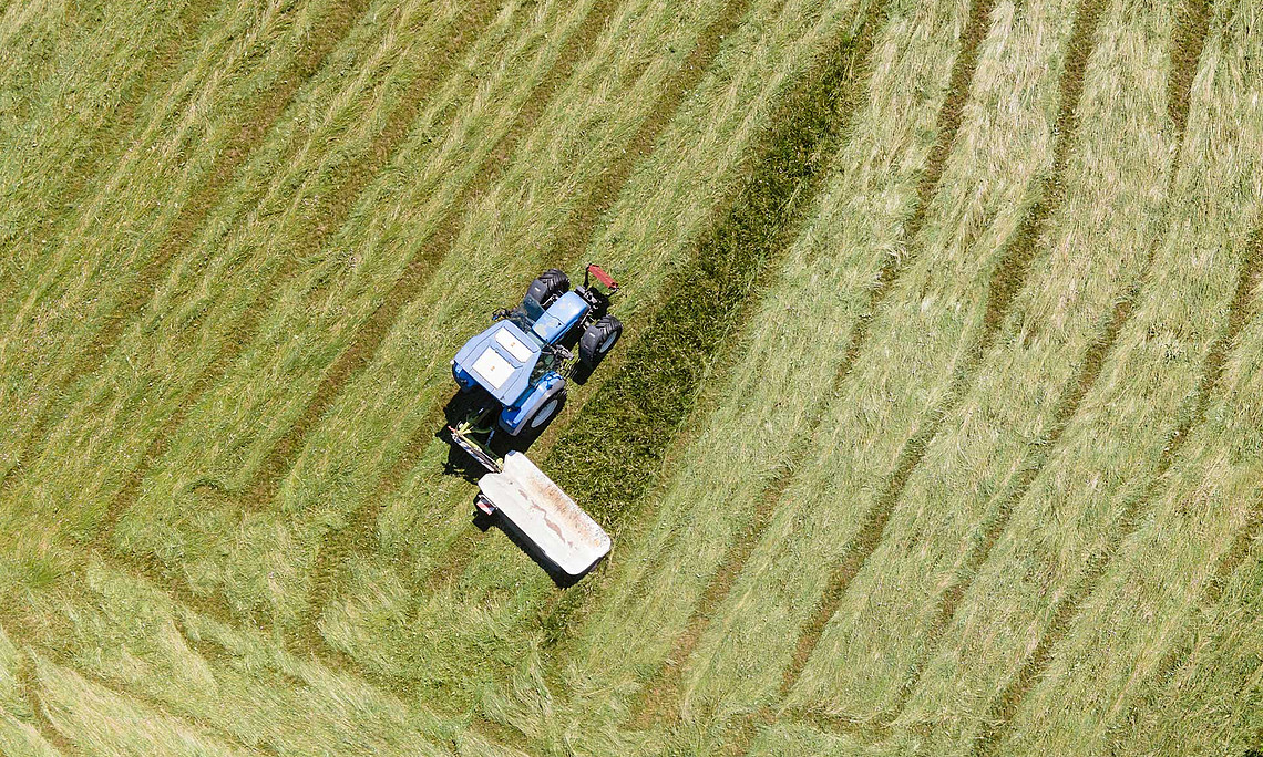 Traktor mäht eine Wiese