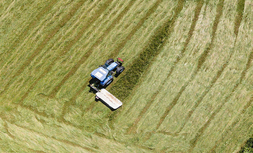 Traktor mäht eine Wiese
