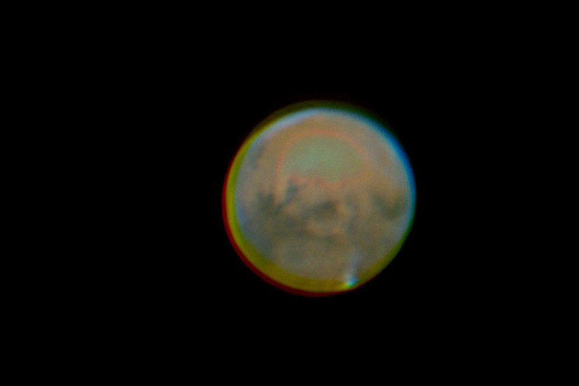 Mars at its best. Image taken with 8m focal length SCT 30 cm, my private observatory in Pretal/Kapfenstein. One can even recognize the tharsis Region with volcanoes (Olympus Mons). © Arnold Hanslmeier, 19 Oct 2020