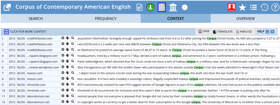 Ausschnitt Konkordanz Korpus COCA mit Suche 'corpus' ©Screenshot Elsa Poier