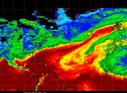 Integrated water vapor on December 5, 2015. Particularly high values of over 40 kg/m2 are shown in red (Image source: (US) National Weather Service, public domain via Wikimedia Commons). ©(US) National Weather Service, public domain via Wikimedia Commons