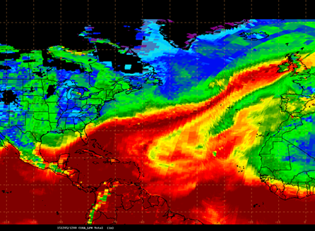 Integrierter Wasserdampf am 5. Dezember 2015, besonders hohe Werte von über 40 kg/m2 sind rot dargestellt (Bildquelle: (US) National Weather Service, public domain via Wikimedia Commons). ©(US) National Weather Service, public domain via Wikimedia Commons