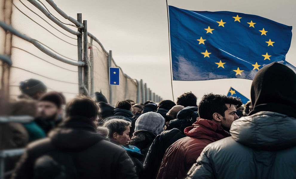 Menschen am Grenzzaun mit EU-Flagge