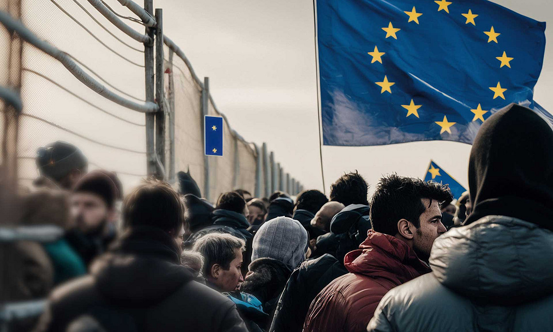 People at a border with EU flagg